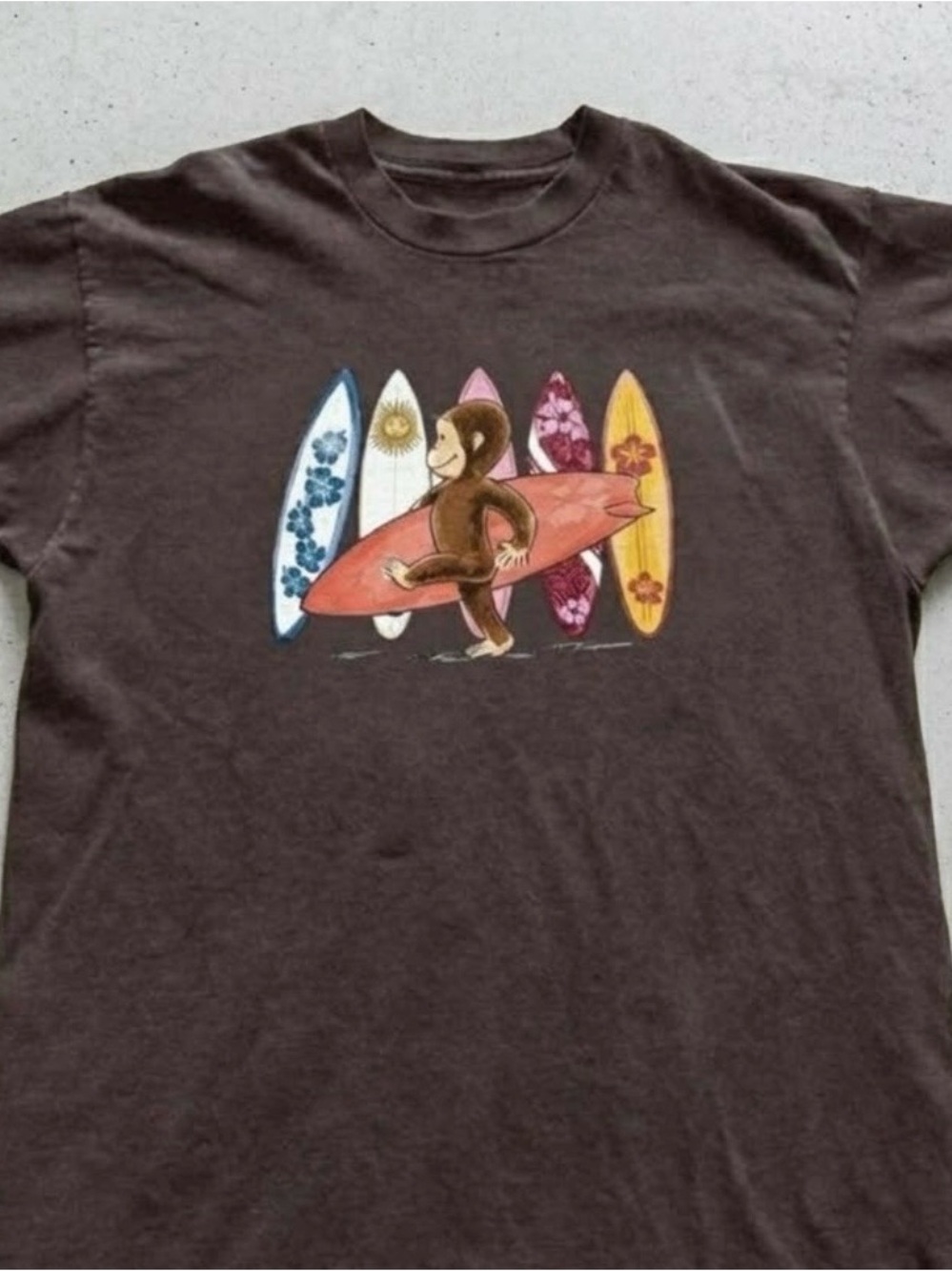Gildan Dark Chocolate Tee with Surfing Monkey and Colorful Surfboards